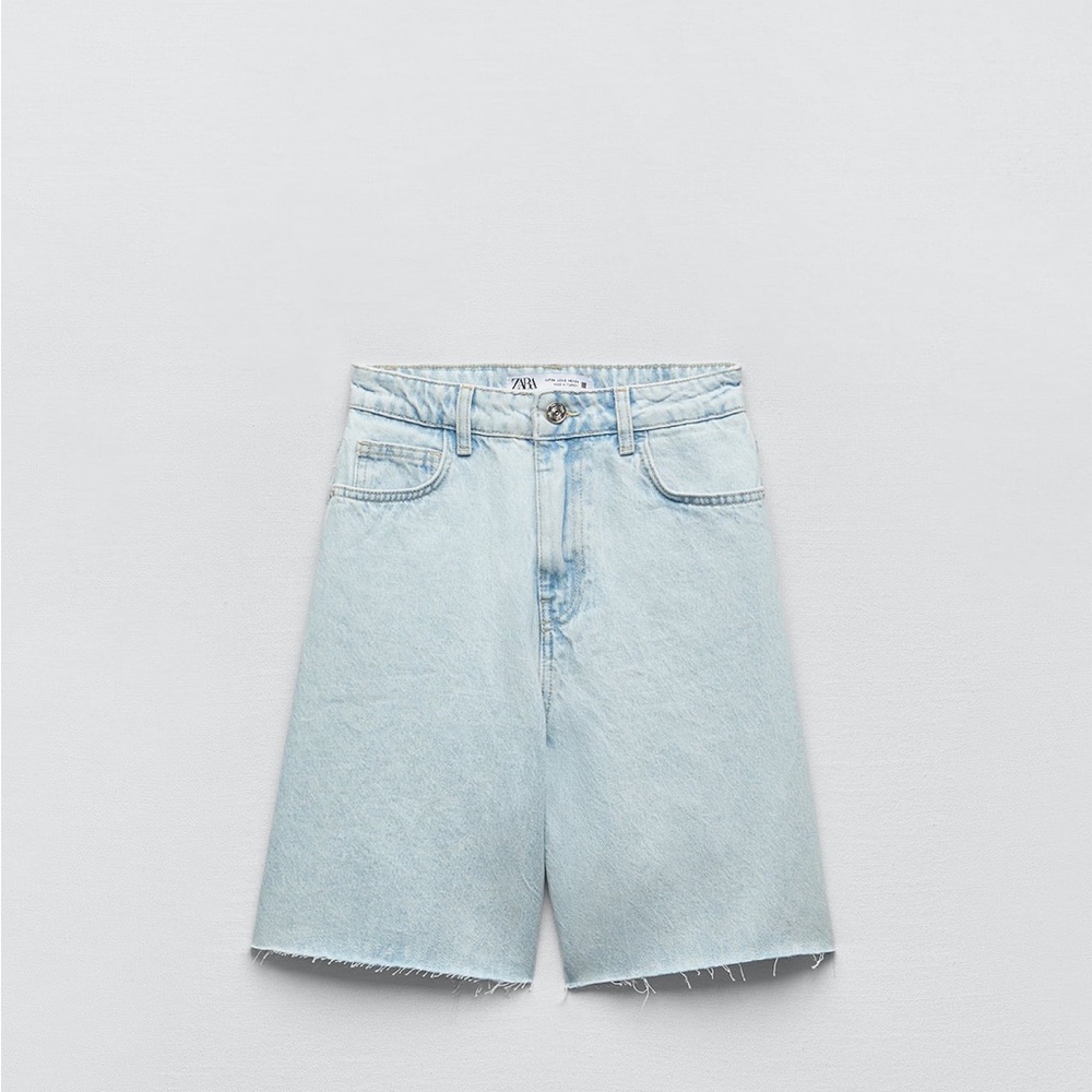 zara high waisted long length denim shorts, size 0